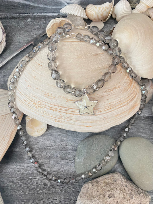 Gray Crystal Necklace and Bracelet Set with Starfish