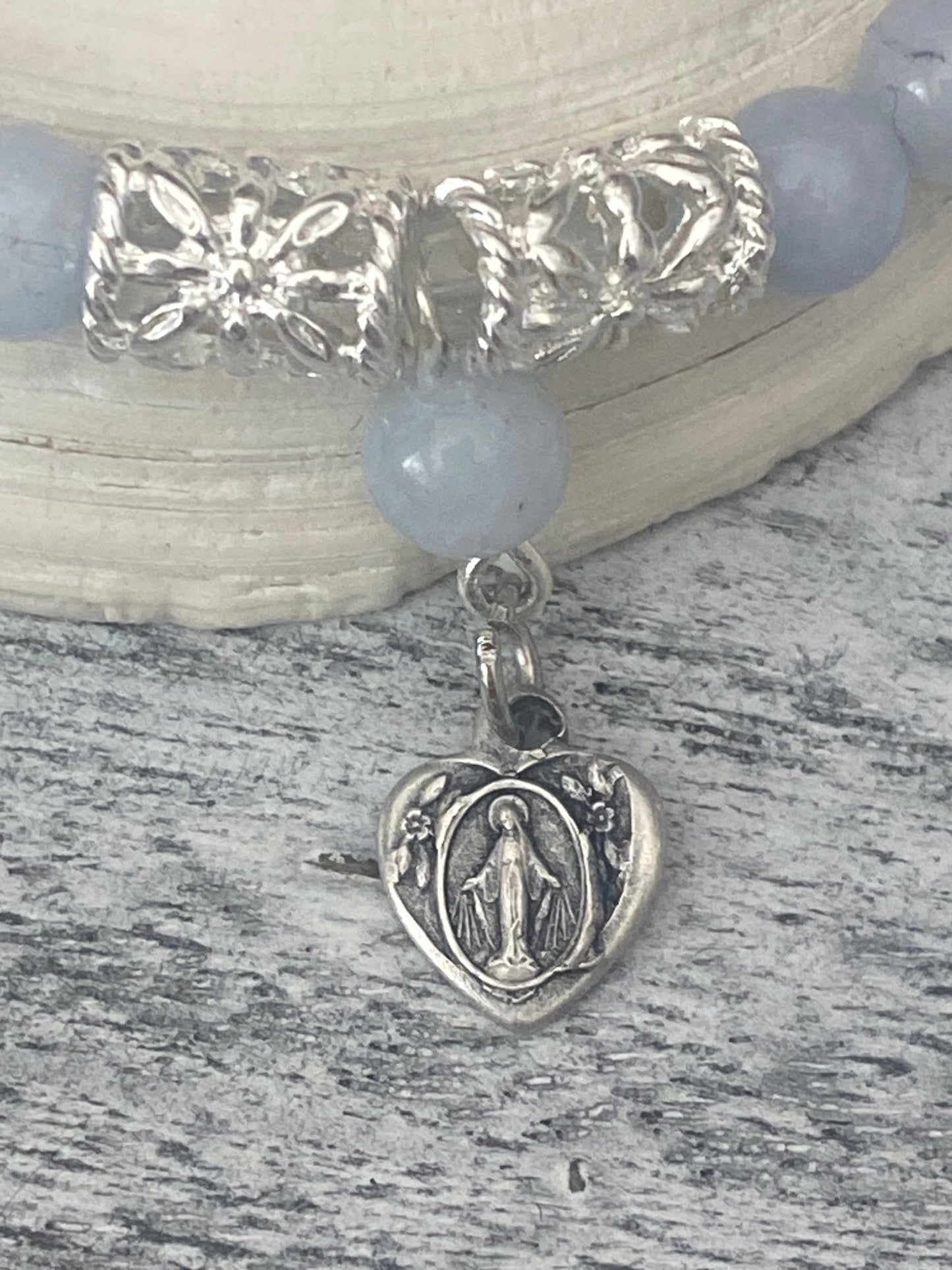 Miraculous Medal Aquamarine and Silver Tone Bracelet