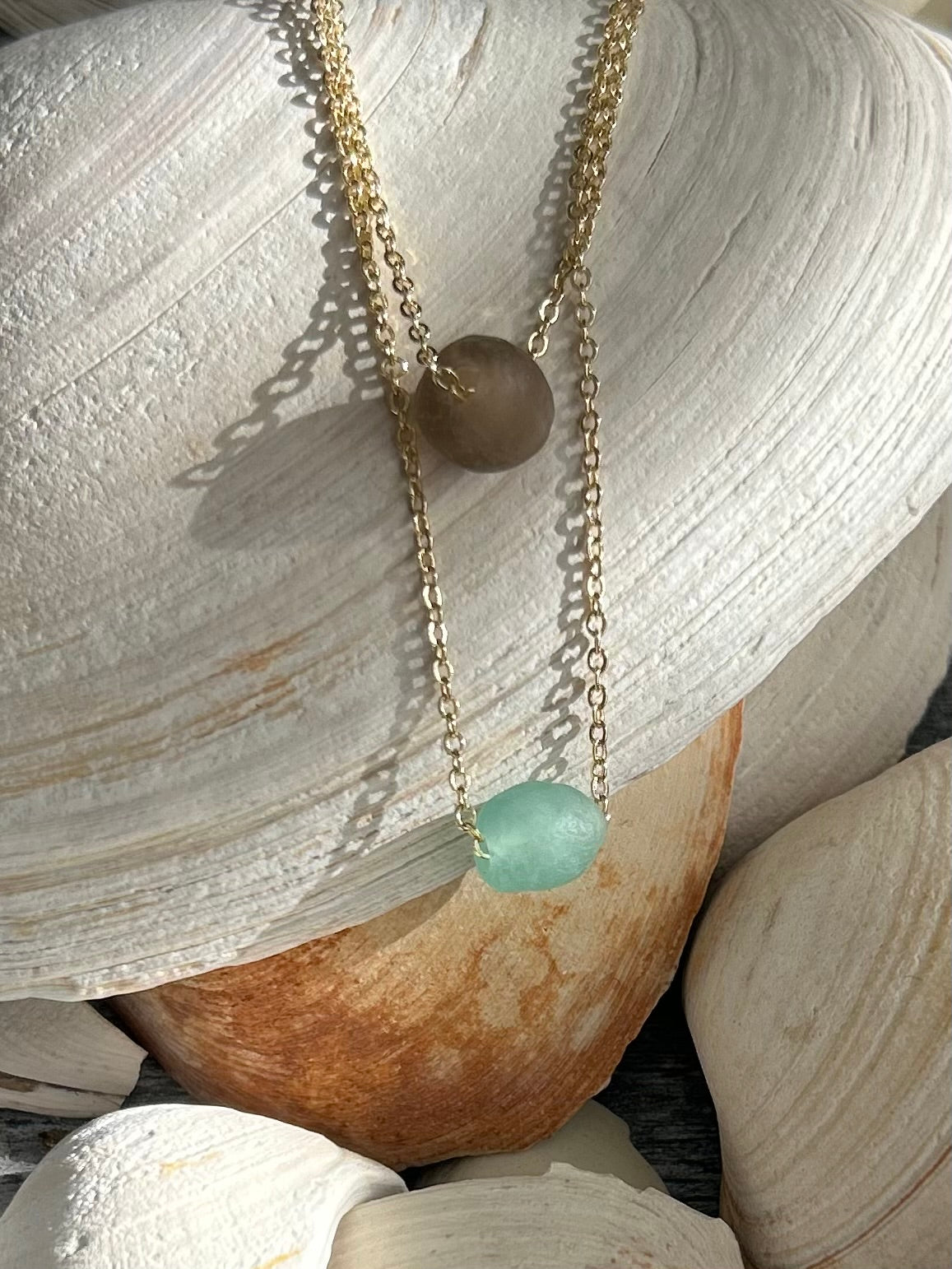 14k Gold Filled Chain with Aqua Recycled Glass Bead
