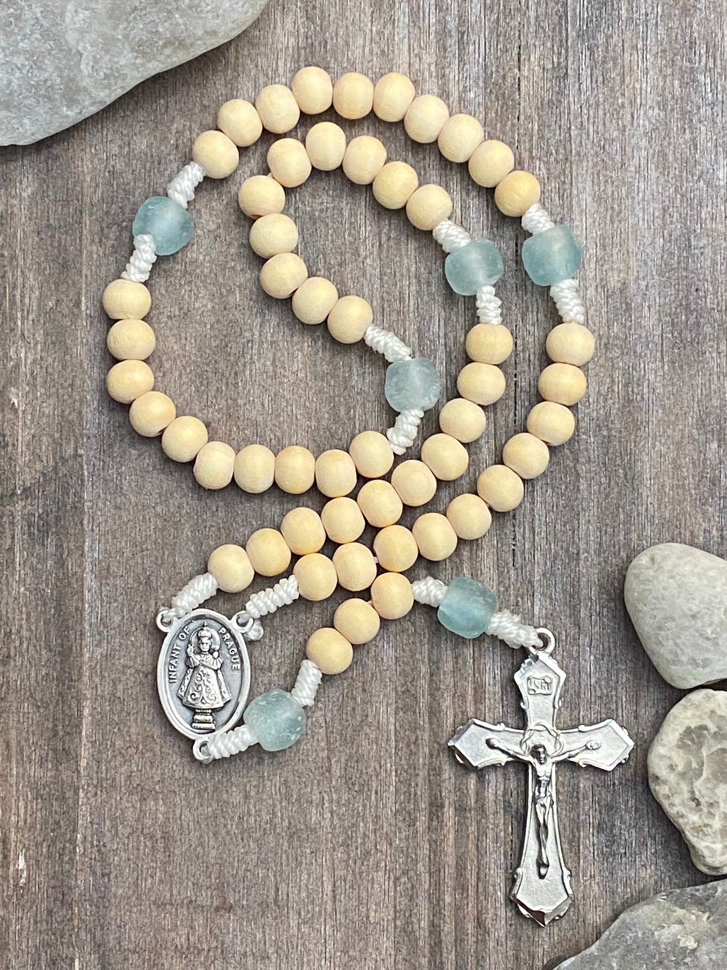 Recycled Glass and Wood Corded Rosary