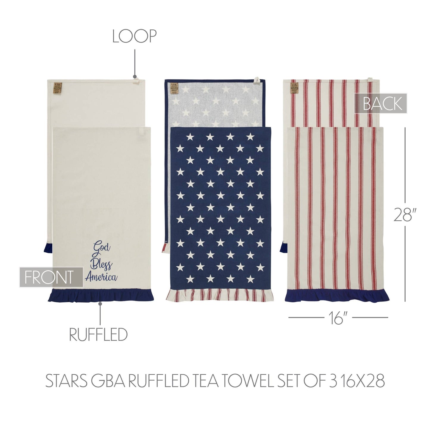 Americana Collection Hatteras Stars Ruffled Tea Towel Set of 3