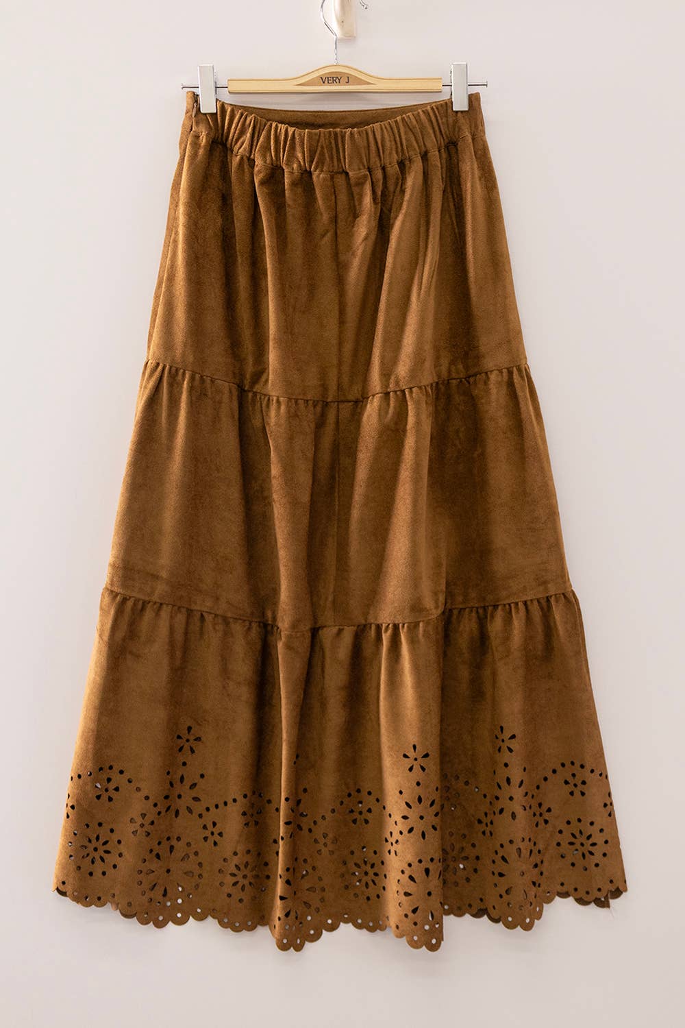 Faux Suede Tiered Midi Skirt