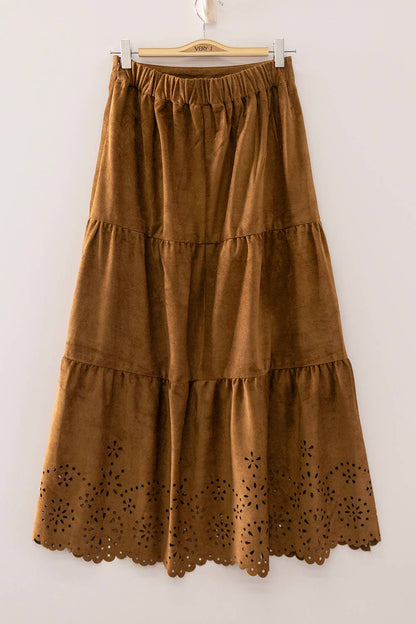 Faux Suede Tiered Midi Skirt
