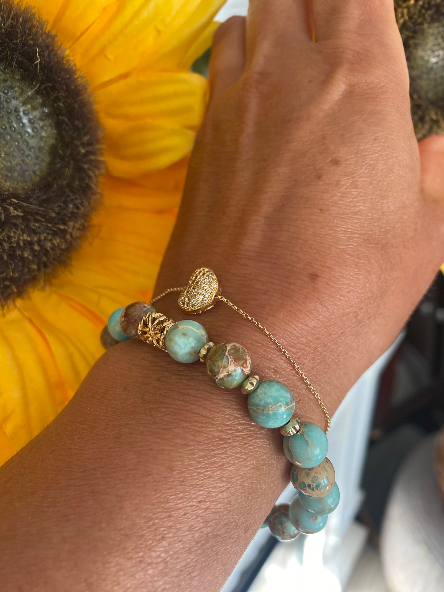 Sea Sediment Jasper with Puffy Heart Bracelet Set