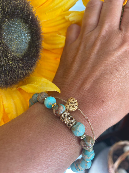 Sea Sediment Jasper with Puffy Heart Bracelet Set