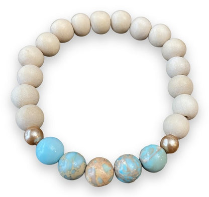 Turquoise Sea Sediment Jasper and Wood Bracelet