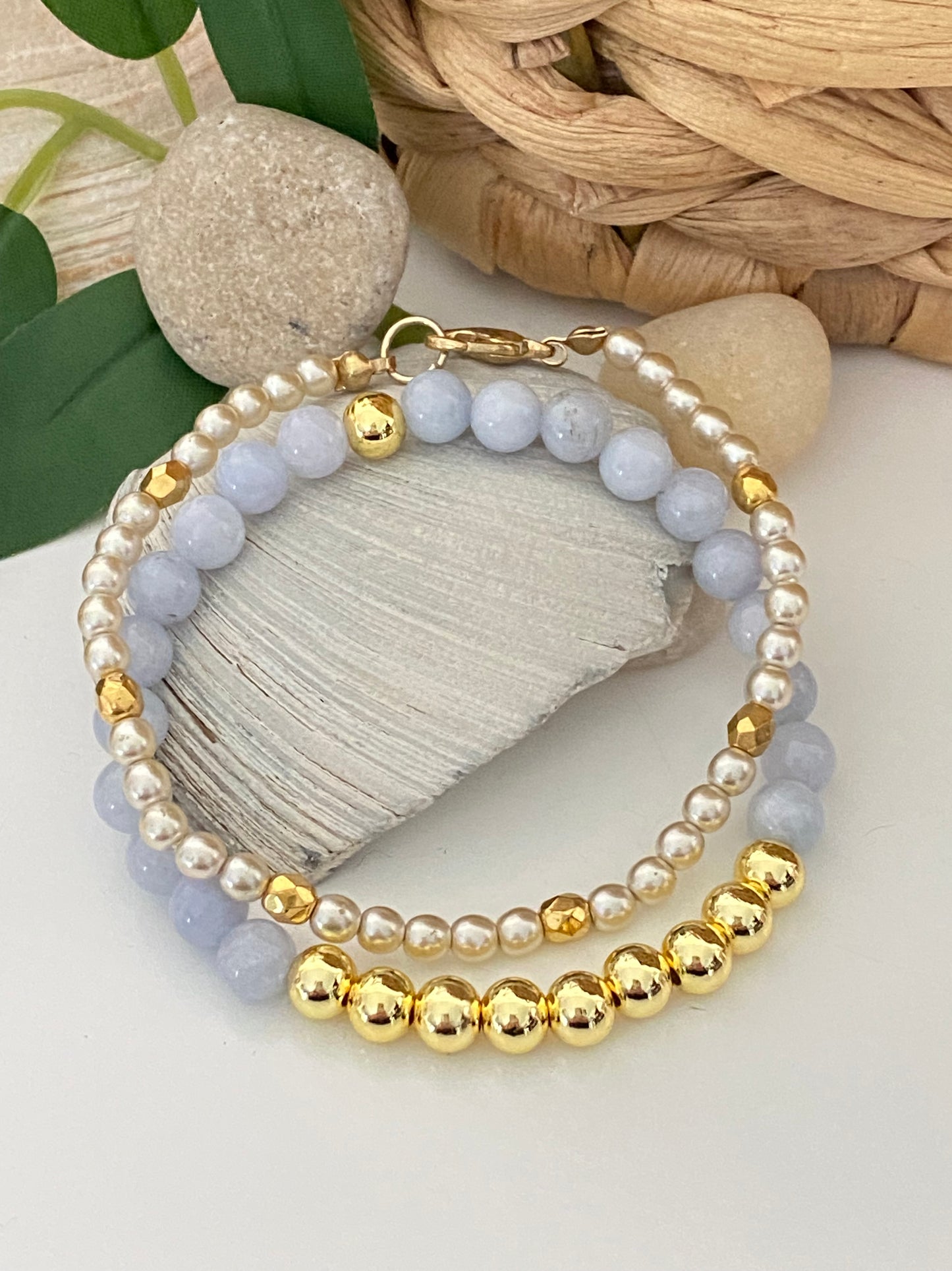 Aquamarine and Pearl Gold Stack