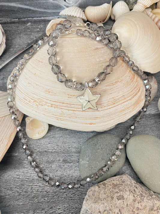 Gray Crystal Necklace and Bracelet Set with Starfish