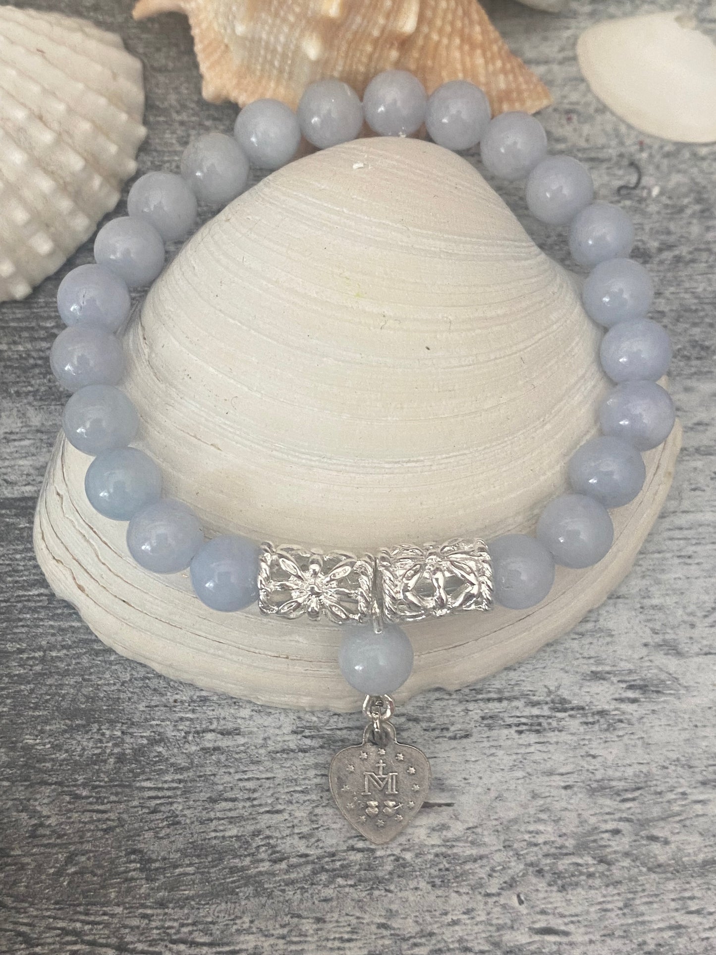 Miraculous Medal Aquamarine and Silver Tone Bracelet