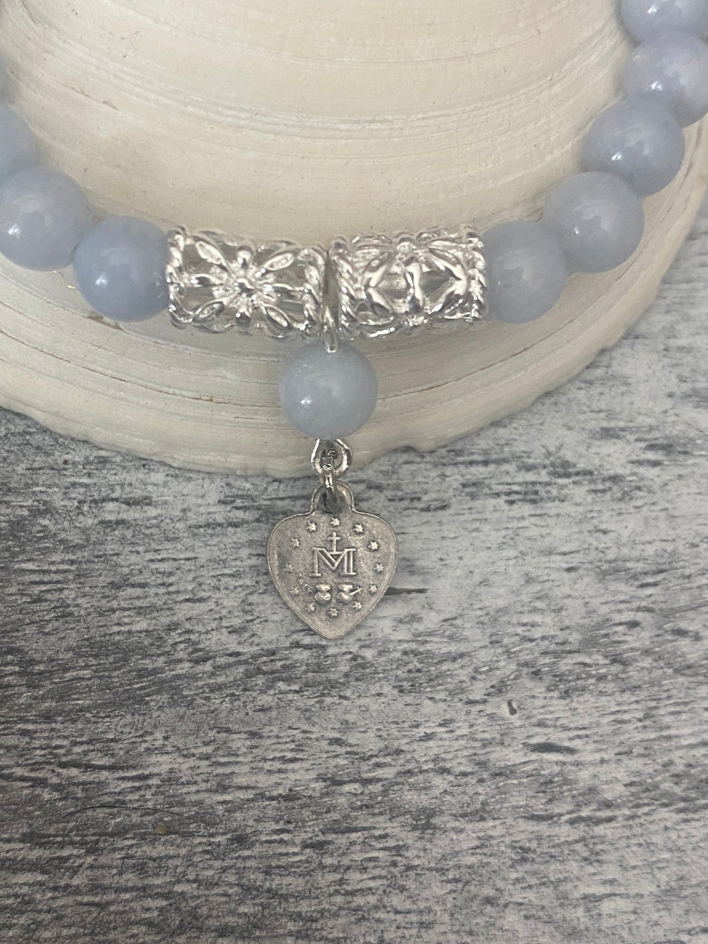 Miraculous Medal Aquamarine and Silver Tone Bracelet