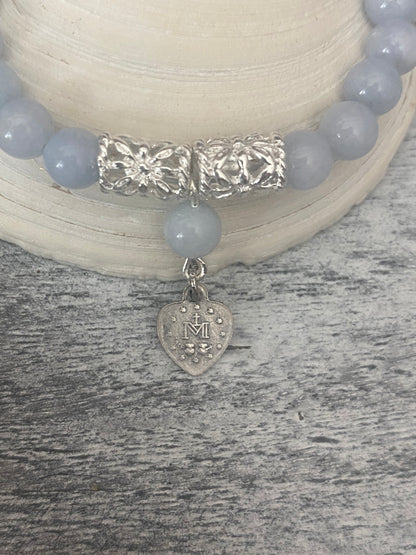Miraculous Medal Aquamarine and Silver Tone Bracelet