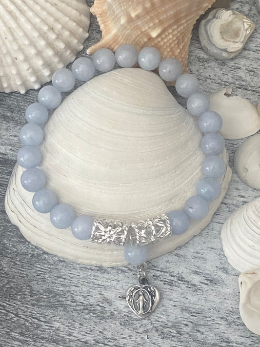 Miraculous Medal Aquamarine and Silver Tone Bracelet