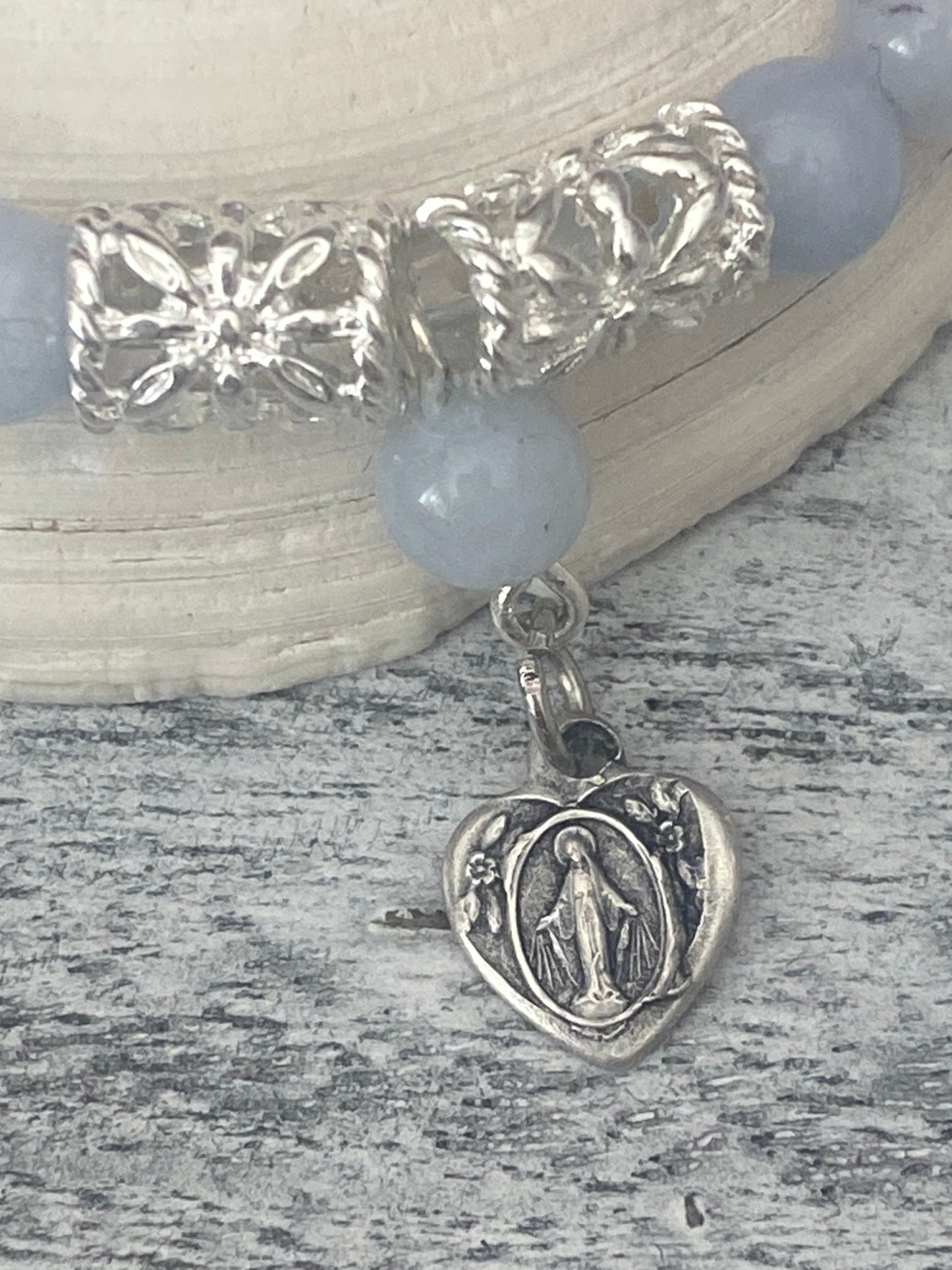 Miraculous Medal Aquamarine and Silver Tone Bracelet