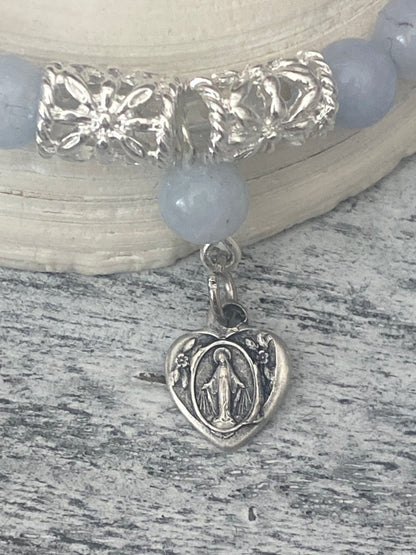 Miraculous Medal Aquamarine and Silver Tone Bracelet
