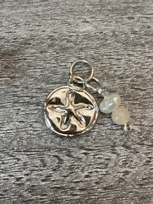 B’s Charm Bar Silver Plated Embossed Starfish Charm with Glass Pearl and Aventurine Dangle
