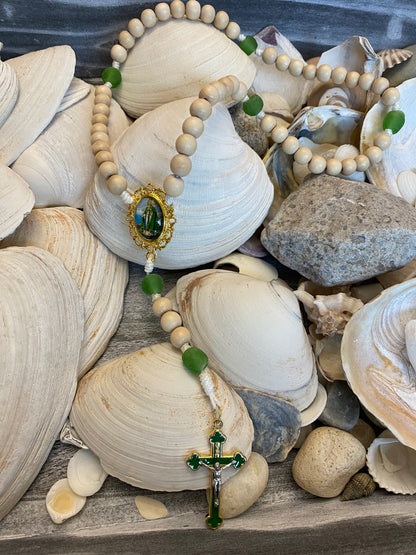 Recycled Glass and Natural Wood Cord Rosary- St. Patrick