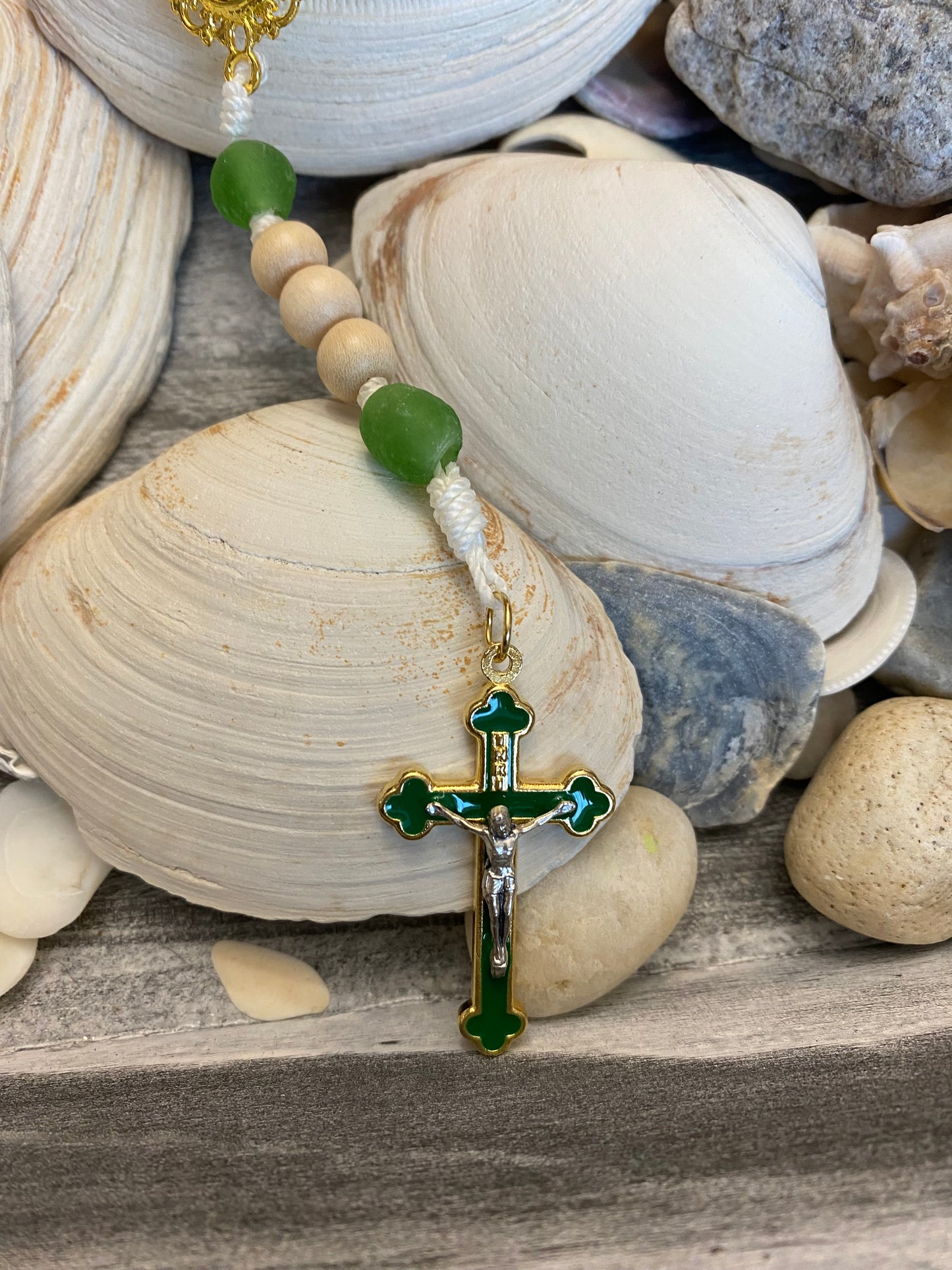 Recycled Glass and Natural Wood Cord Rosary- St. Patrick