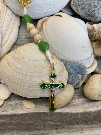 Recycled Glass and Natural Wood Cord Rosary- St. Patrick