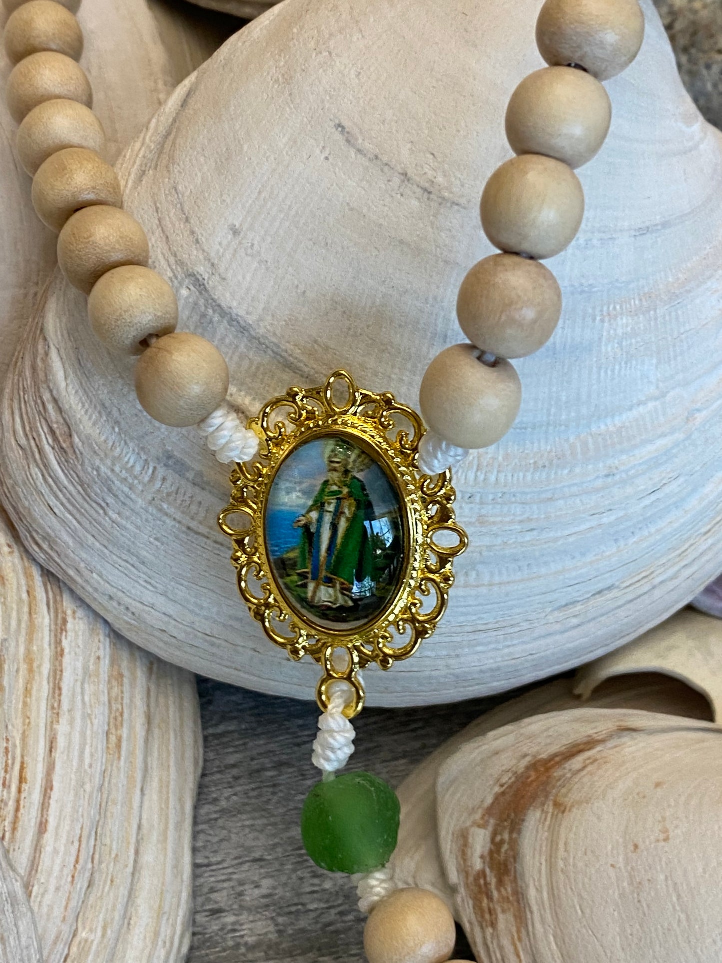 Recycled Glass and Natural Wood Cord Rosary- St. Patrick