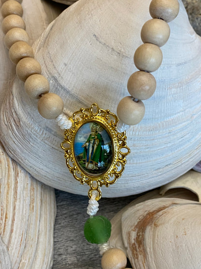 Recycled Glass and Natural Wood Cord Rosary- St. Patrick