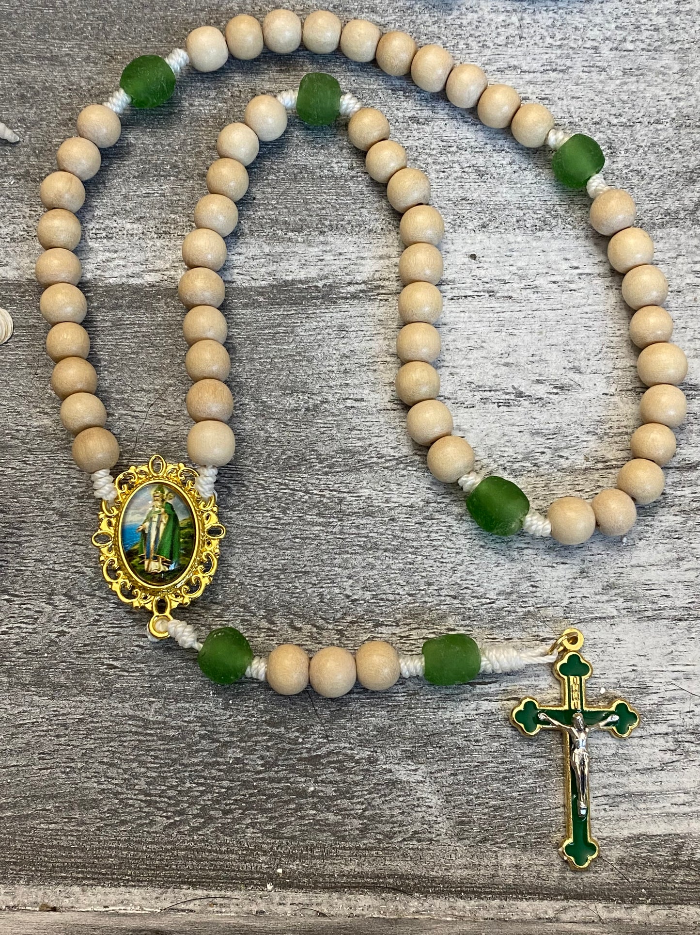 Recycled Glass and Natural Wood Cord Rosary- St. Patrick