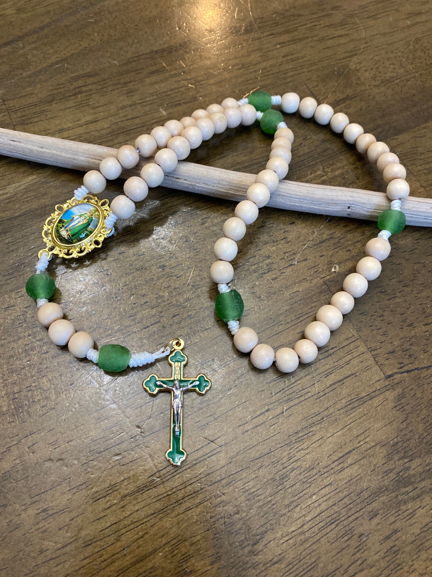 Recycled Glass and Natural Wood Cord Rosary- St. Patrick