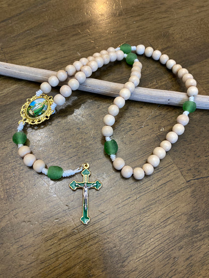 Recycled Glass and Natural Wood Cord Rosary- St. Patrick