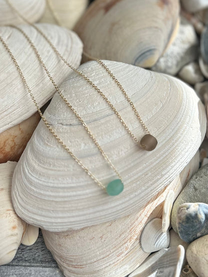 14k Gold Filled Chain with Aqua Recycled Glass Bead