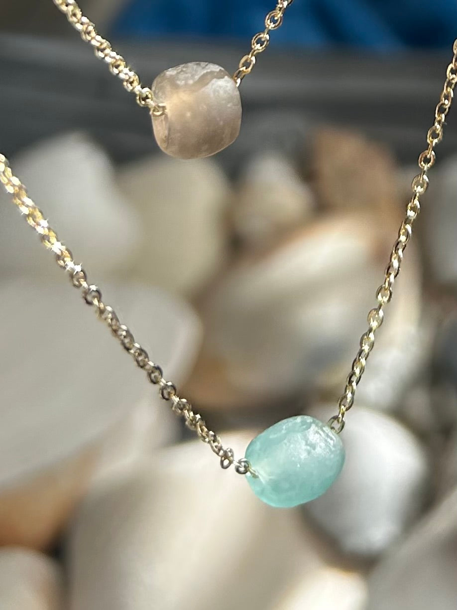14k Gold Filled Chain with Aqua Recycled Glass Bead