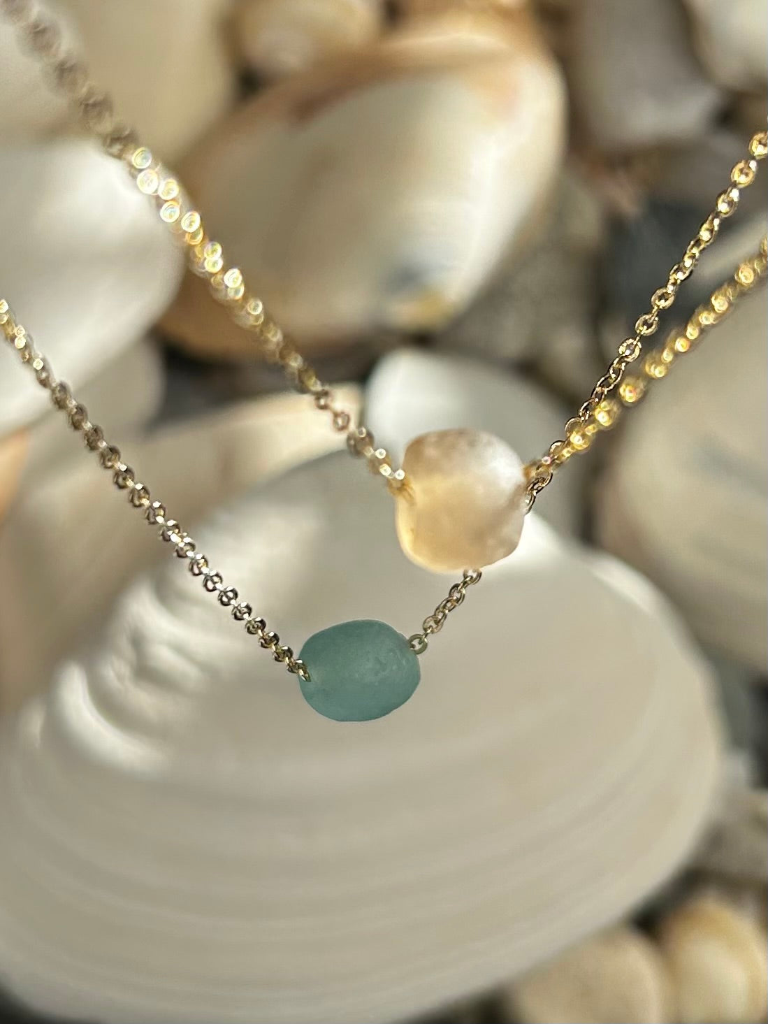 14k Gold Filled Chain with Aqua Recycled Glass Bead