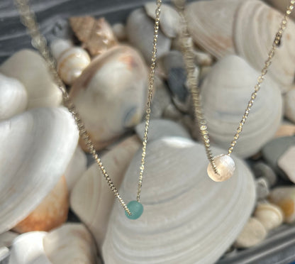 14k Gold Filled Chain with Aqua Recycled Glass Bead