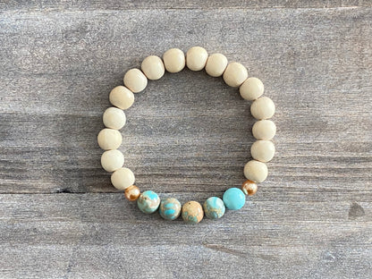 Turquoise Sea Sediment Jasper and Wood Bracelet