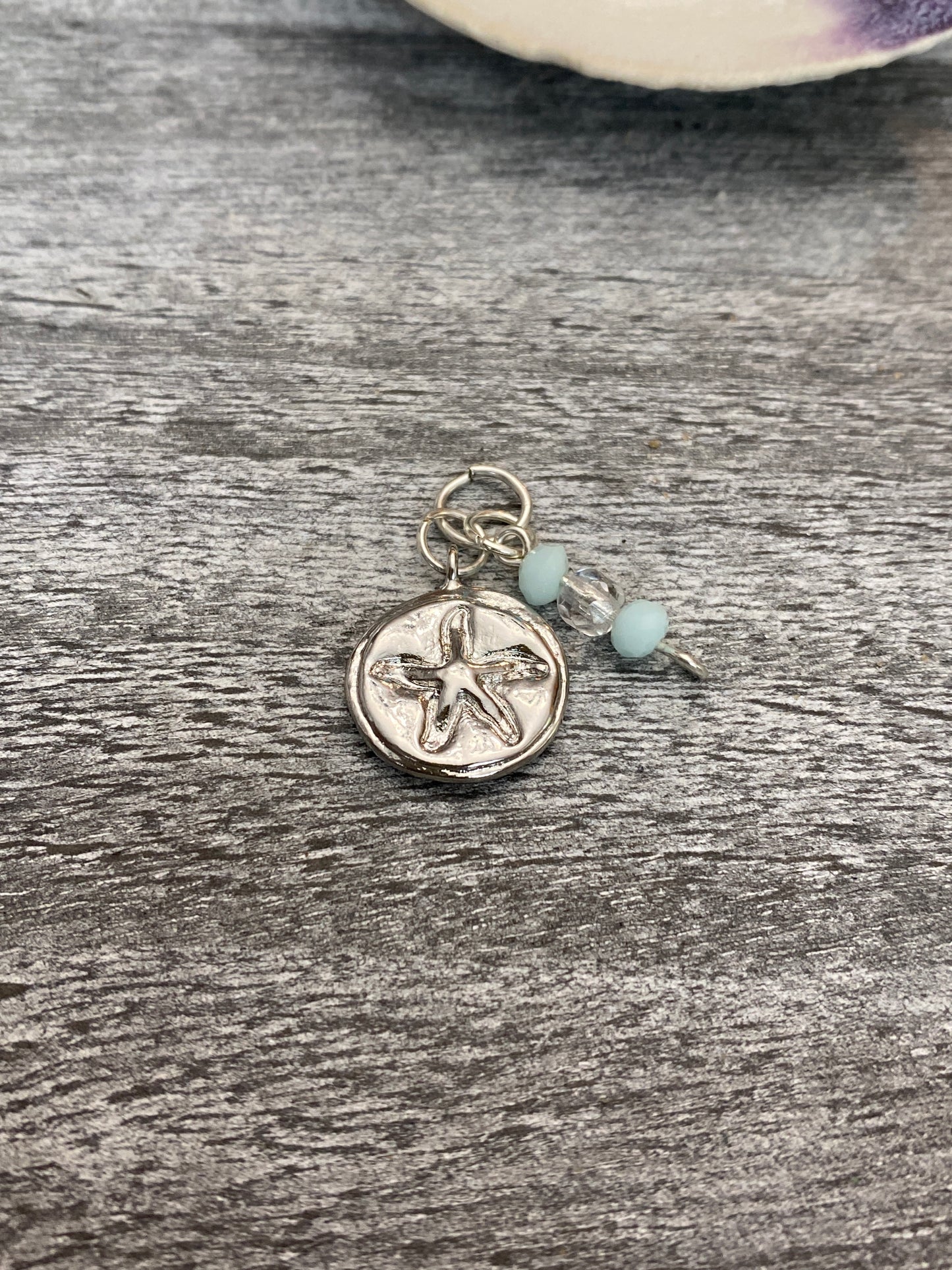 B’s Charm Bar Silver Plated Embossed Starfish Charm with Blue and Clear Dangle