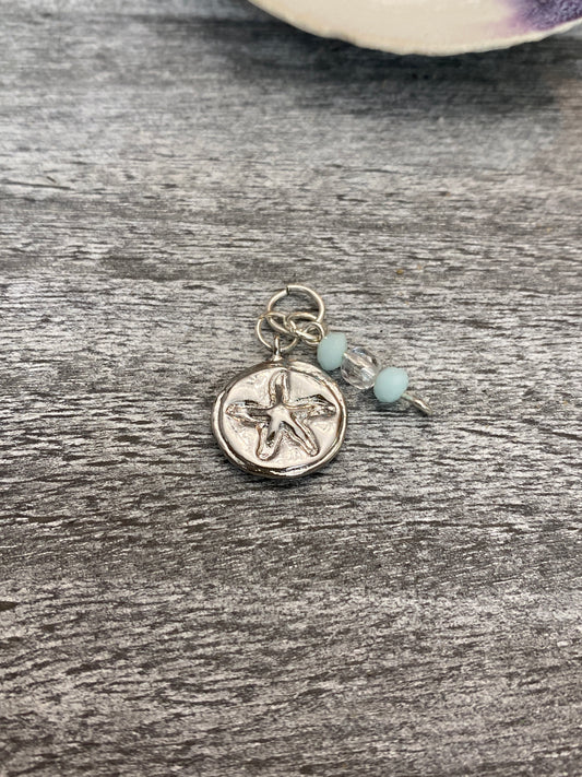 B’s Charm Bar Silver Plated Embossed Starfish Charm with Blue and Clear Dangle